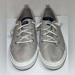 Sperry Slip On Leather Laces Sneakers Gray Silver Shimmer Size 11 #STS84998 EUC